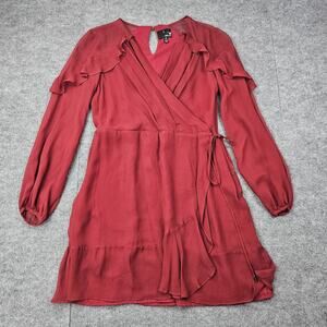 Greylin Dress Womens Medium Red Silk Wrap Ruffle Holiday Romantic Feminine Sheer